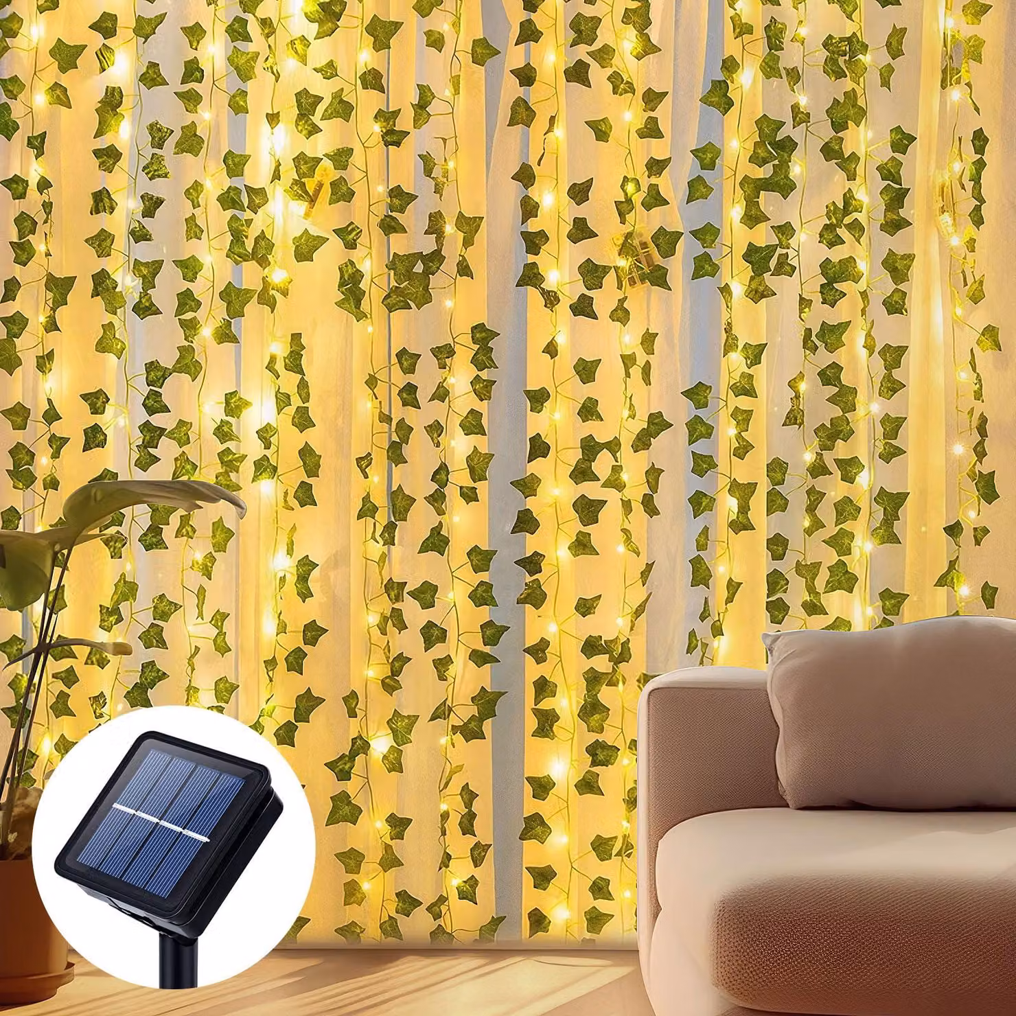 Catena luminosa solare, 12 metri, 100 LED, 8 modalità, edera artificiale, impermeabile