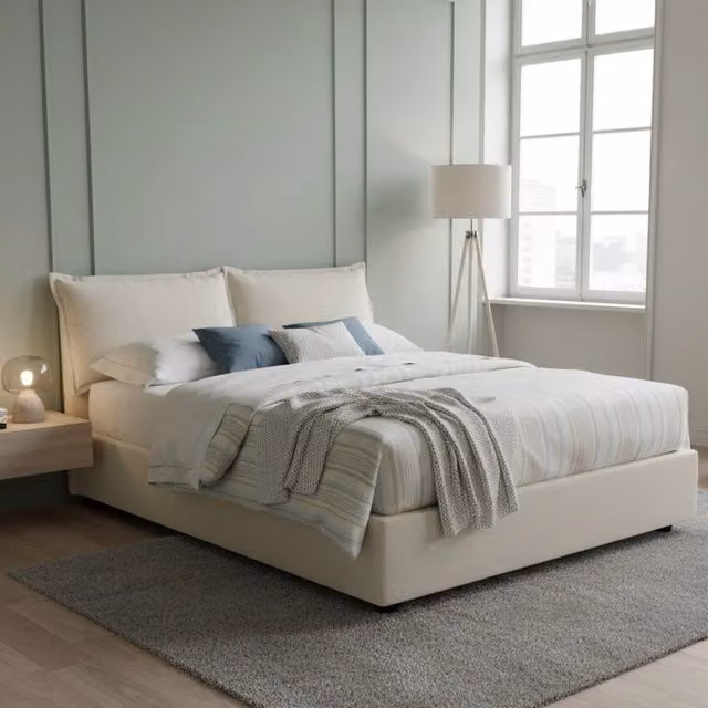 Letto matrimoniale contenitore Annica di Talamo Italia con materasso incluso, rivestimento in tessuto beige, L/P: 140 x 200 cm