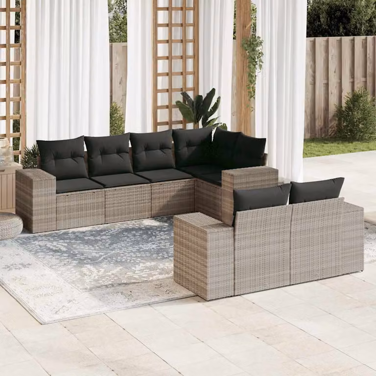 Set di divani da giardino vidaXL a forma di L composto da 7 pezzi in polyrattan grigio con cuscini inclusi