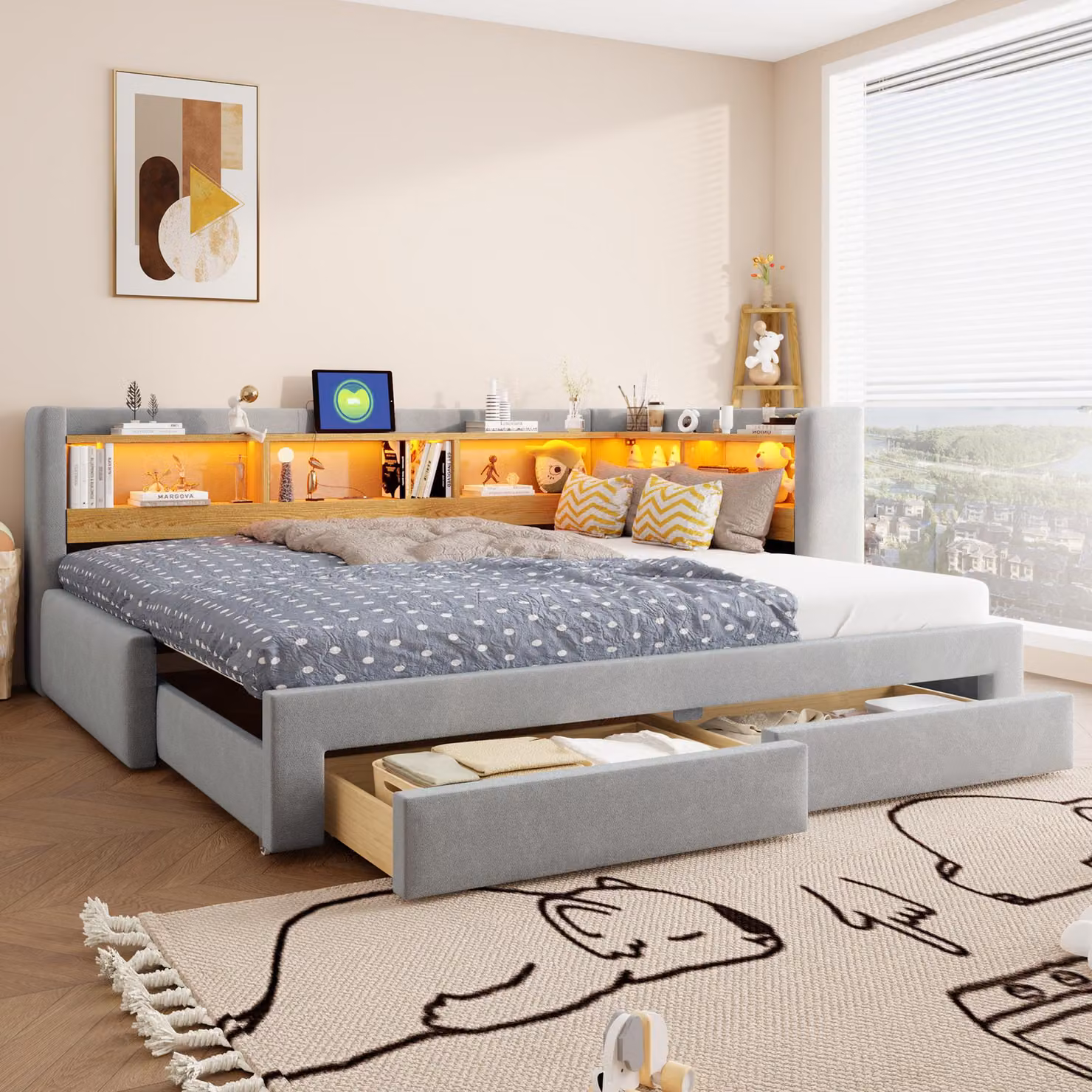 Divano letto Flieks 90x200 cm con letto estraibile, letto imbottito per ragazzi con presa di corrente, divano letto multifunzione in ecopelle, divano letto in velluto, grigio chiaro