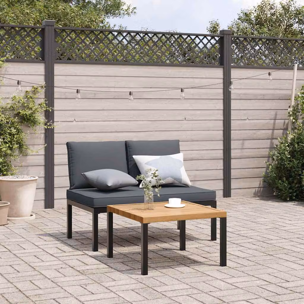 Set da giardino vidaXL composto da 2 divani da esterno e tavolino con cuscini in alluminio verniciato nero e tessuto resistente ai raggi UV – 1