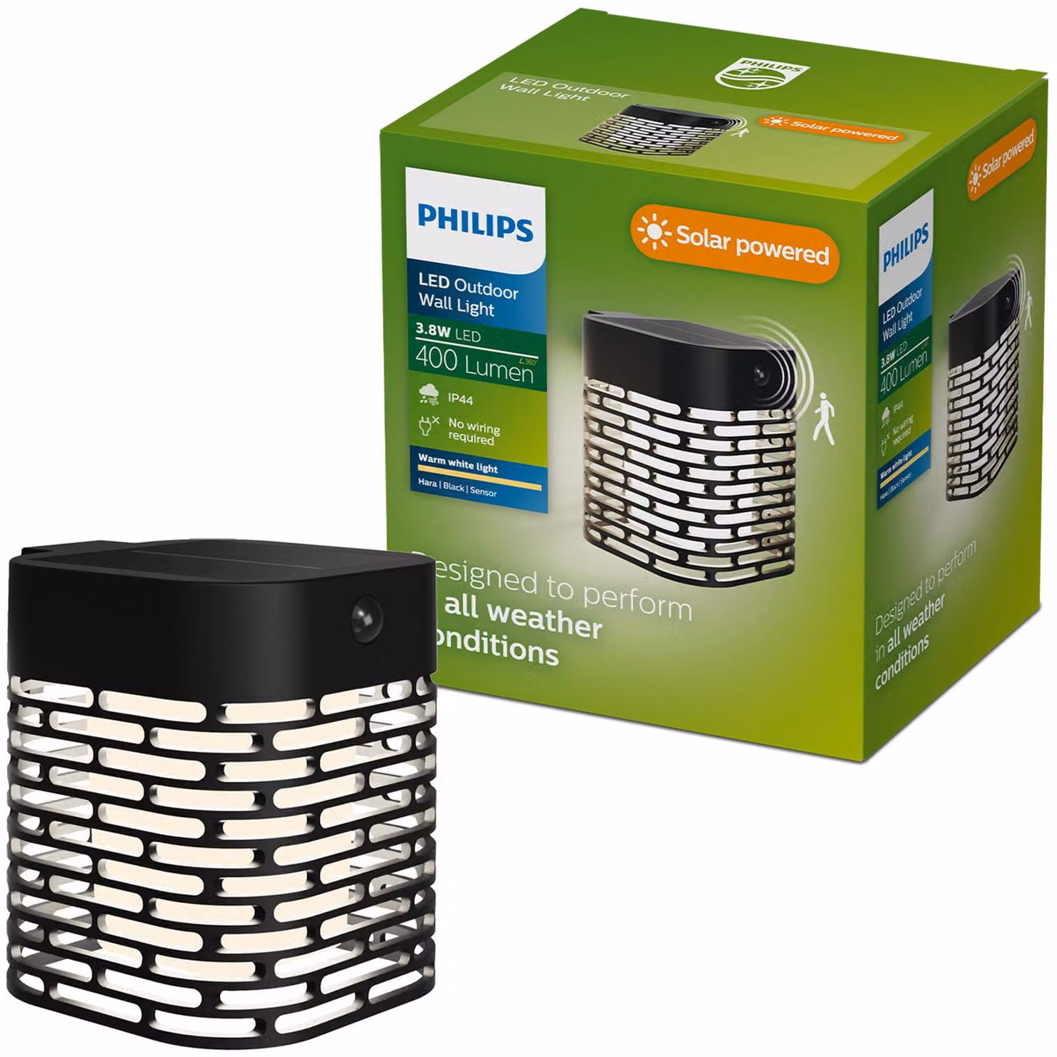 Philips Lampade da parete Hara, 3,8 W, Nero, Plastica, III, Stile contemporaneo, Garage, Giardino, Terrazza, Rilevatore di movimento, Sensore giorno/notte