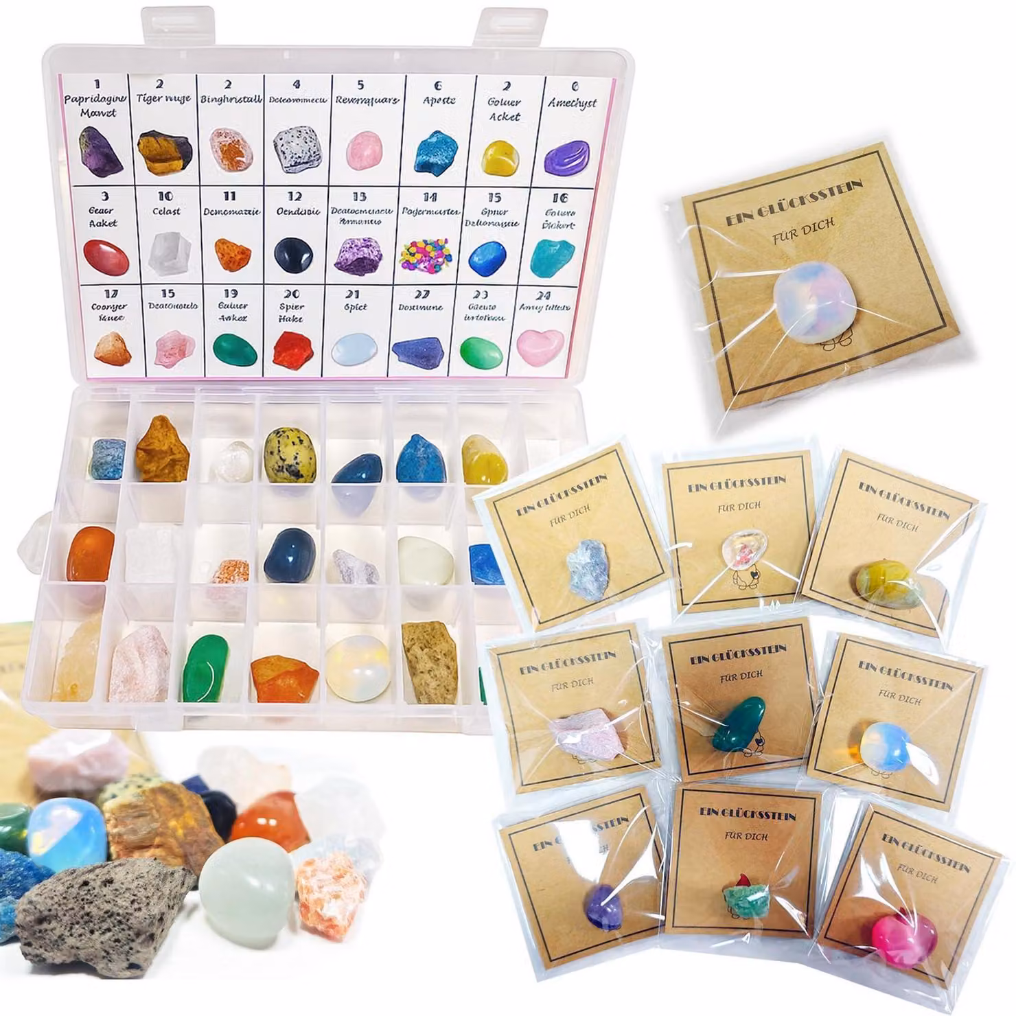 Calendario dell'Avvento con pietre naturali: 24 pietre portafortuna con relative schede esplicative e scatola di conservazione. Set educativo per bambini, ideale come regalo di Natale o come sorpresa