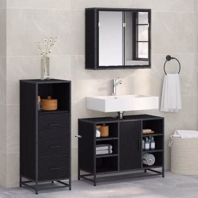 Set di mobili per il bagno 3 pz Rovere Nero 80 x 33 x 60 cm 3402526