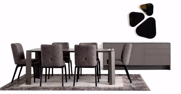 Set completo per sala da pranzo: tavolo da pranzo con 6 sedie, mobiletto contenitore moderno. Set da 9 pezzi