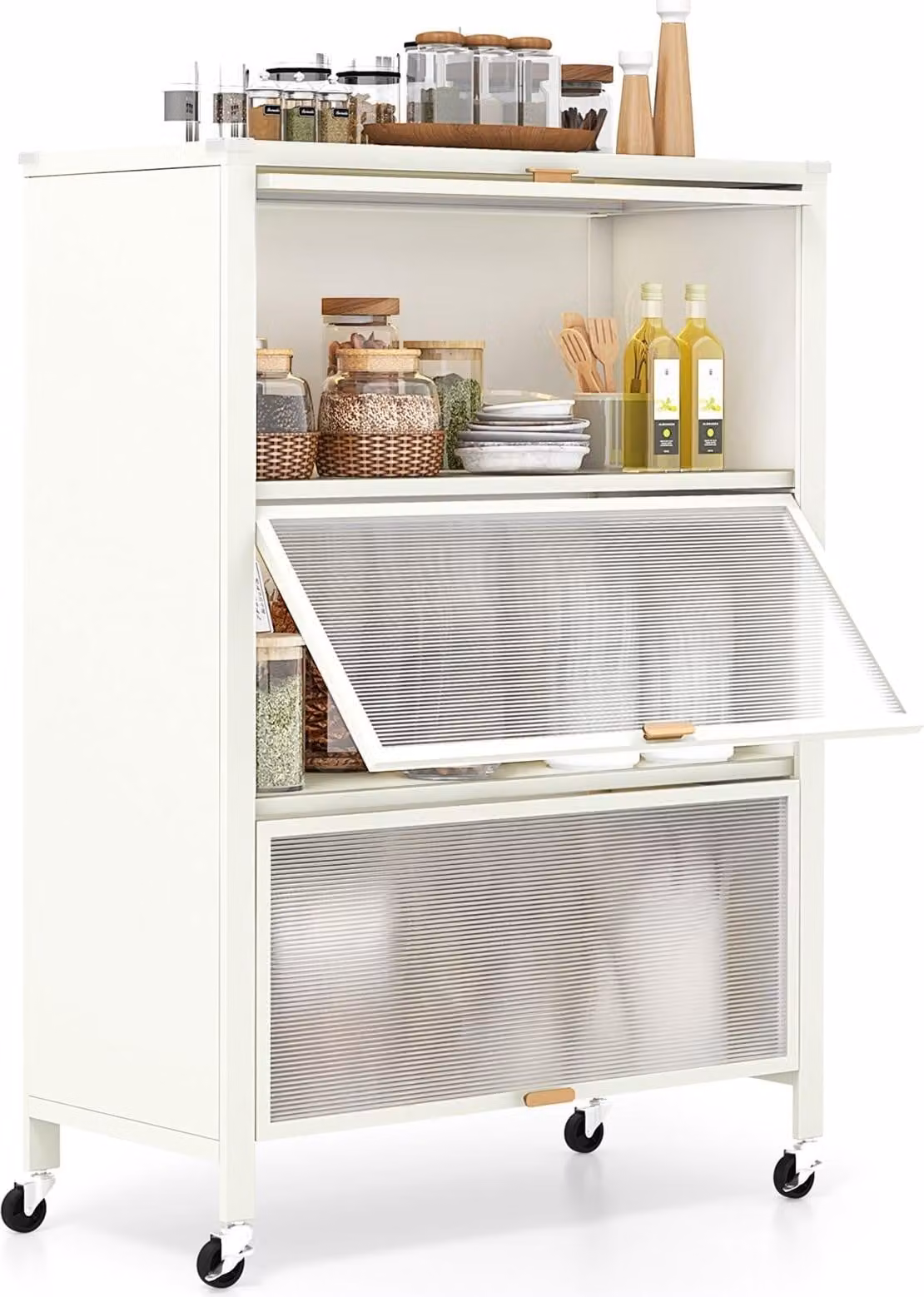 Scaffale da cucina a 4 ripiani con ruote e ante pieghevoli