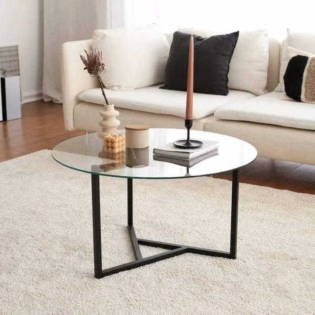 DMORA Tavolino da Salotto Moderno Rotondo in Vetro e Metallo Nero e Trasparente L/P/H: 75 x 75 x 42 cm
