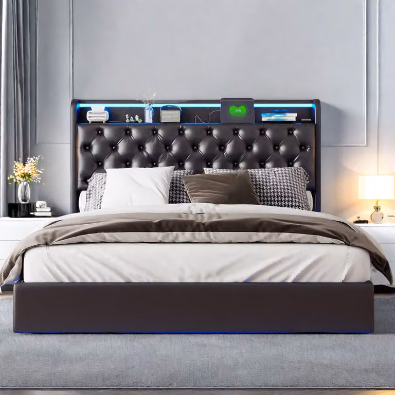 Moonbite Letto sospeso 160x200 cm – struttura nera con illuminazione LED perimetrale, piano di appoggio per il pannello di controllo nella testata e vano contenitore laterale, rivestito in ecopelle, colore nero