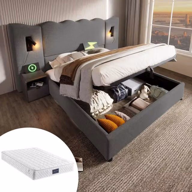 Desviae Letto Contenitore 160 × 200 cm 2 posti con luce da lettura, USB Type-C e materasso