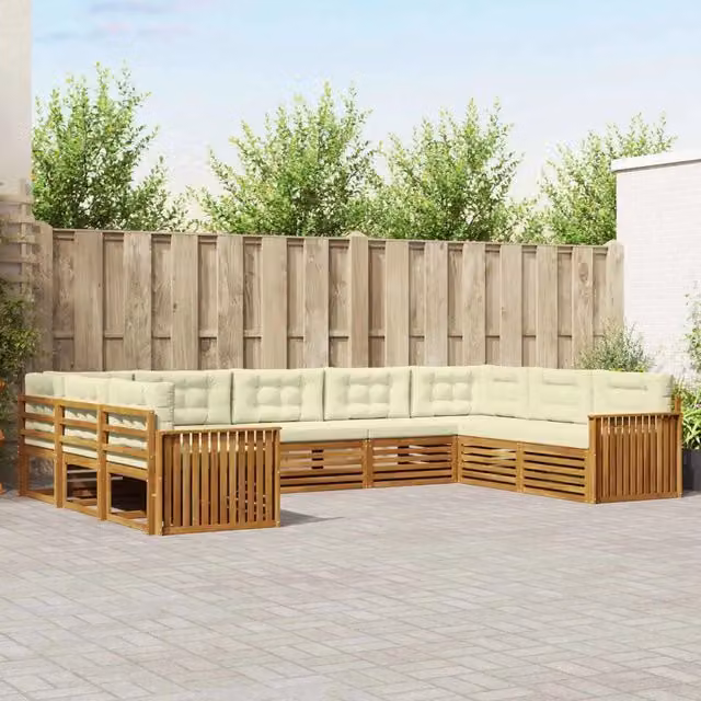 Set di divani da esterno a L vidaXL in legno di acacia con cuscini beige e bianco – 1