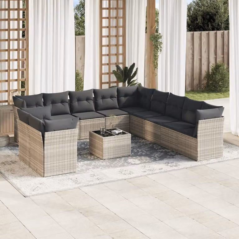 vidaXL Set Divano da Giardino a Forma di U in Polyrattan Grigio con Cuscini e Tavolino da Esterno