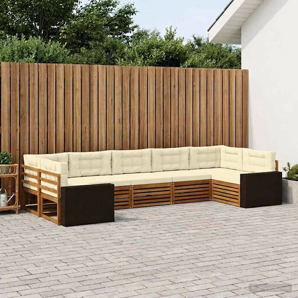 Set di divani da esterno vidaXL a forma di U in legno di acacia con cuscini, 7 pezzi, Marrone e Beige