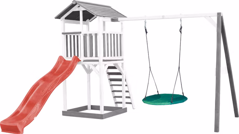 AXI Beach Tower parco giochi in legno in grigio e bianco | Torre di gioco per bambini con sabbiera, altalena a nido e scivolo rosso | Casa per bambini su palafitte per il giardino
