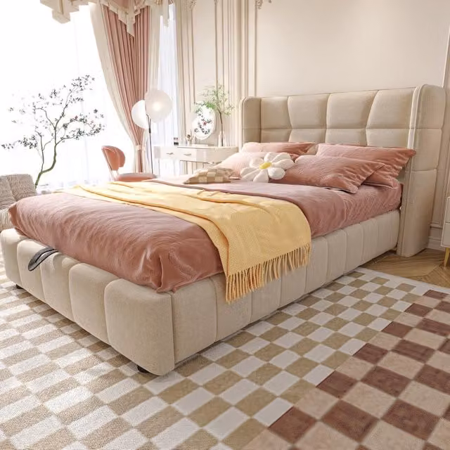 Letto imbottito 90x200 cm con contenitore e testiera in tessuto beige