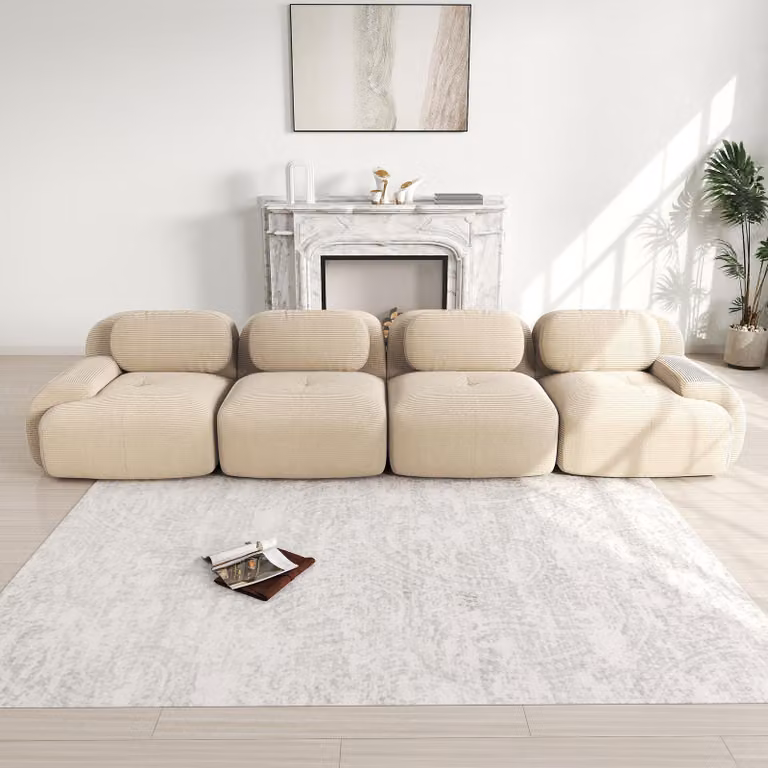 Divano Sweiko a 4 posti in morbido tessuto a coste, rivestimento altamente elastico 32D, adatto agli animali domestici ed ergonomico, confezionato sottovuoto, liberamente combinabile, senza montaggio per camera da letto e ufficio, beige