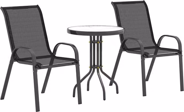 Set Giardino Zephmum 3 Pezzi con Tavolino Rotondo in Vetro e Sedie in Acciaio Nero Opaco L/P/H: 60 x 71 x 93 cm