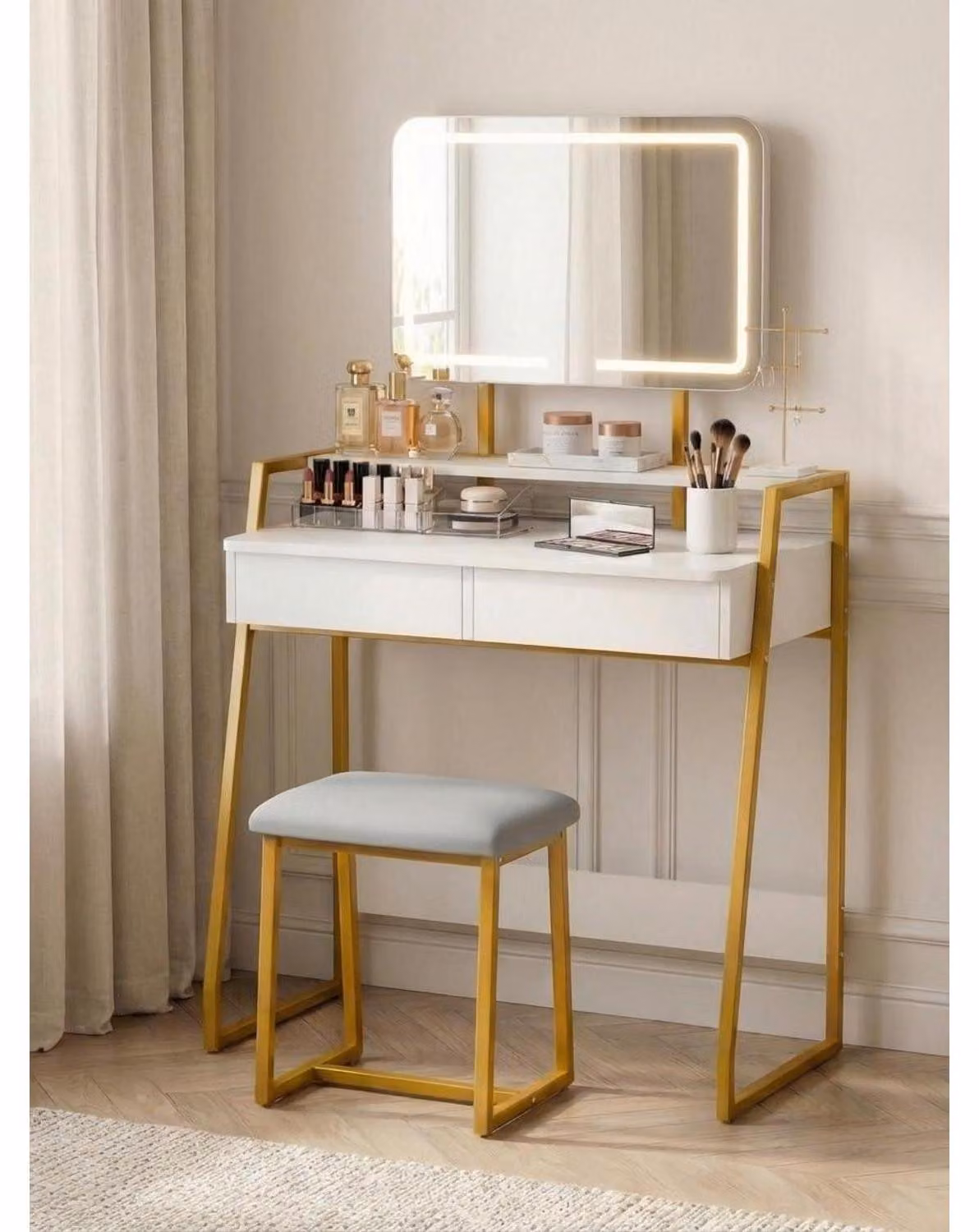 Comò da trucco con sgabello, bianco/oro, specchio LED con 3 colori di luce, 2 cassetti, dimensioni 84x43x142 cm