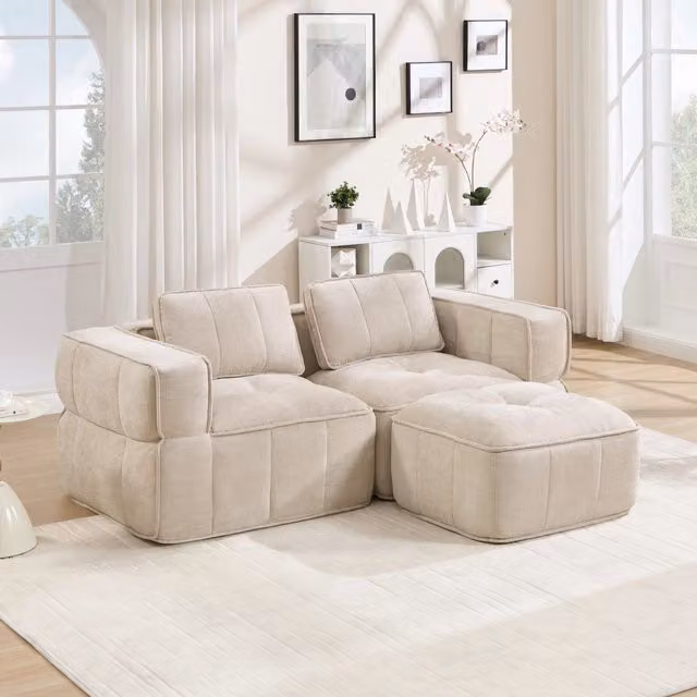 Divano modulare 198x162x67 cm con pouf e base antiscivolo in poliestere beige