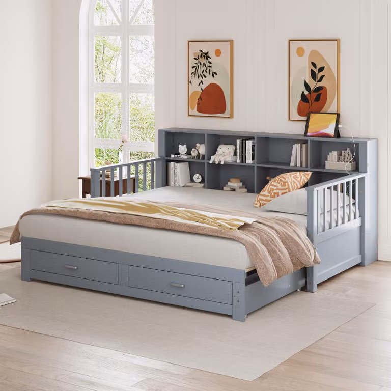 okwish Divano letto 90/180x190 cm, Letto per bambini Letto matrimoniale con letto estraibile, Letto multifunzionale in pino, Letto matrimoniale, con 2 cassetti e una griglia, Senza materasso, Grigio
