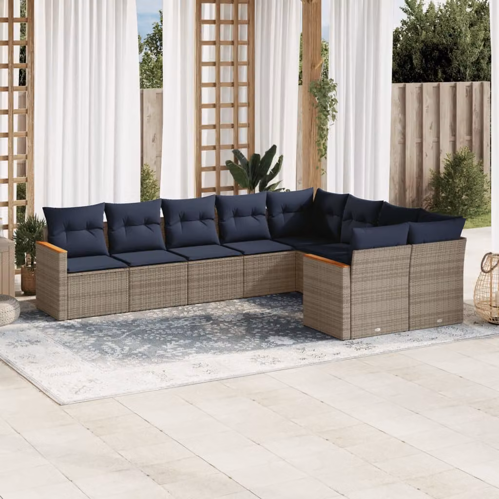 Set di divani da giardino vidaXL in rattan con cuscini grigi e struttura in metallo a forma di L