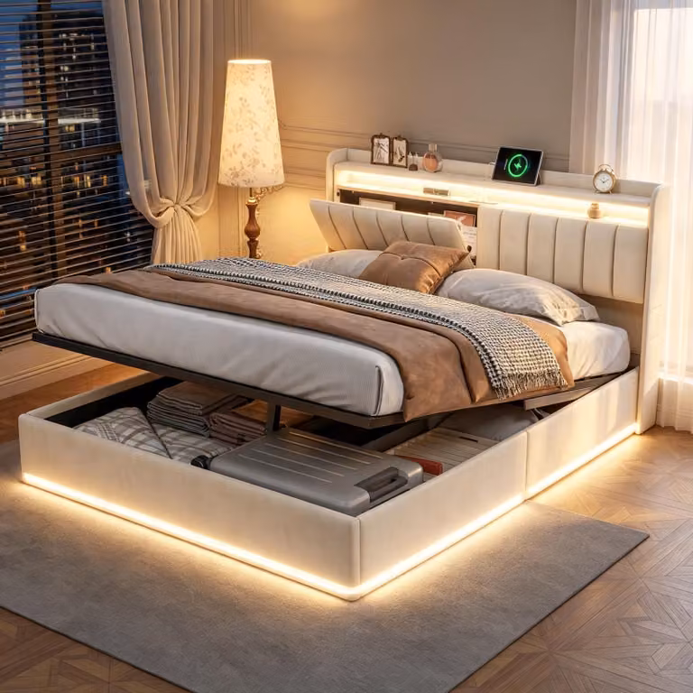 Letto con boxspring INONEFT, 140x200 cm, con LED e USB, struttura letto con rete a molle/vano contenitore, letto imbottito con contenitore, letto con sistema di sollevamento idraulico, rivestito in velluto, colore beige