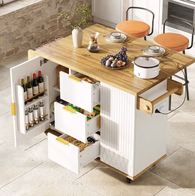 Carrello da cucina ULEVR 134x46/74x88 cm con piano apribile, 3 cassetti, prese elettriche e USB, bianco