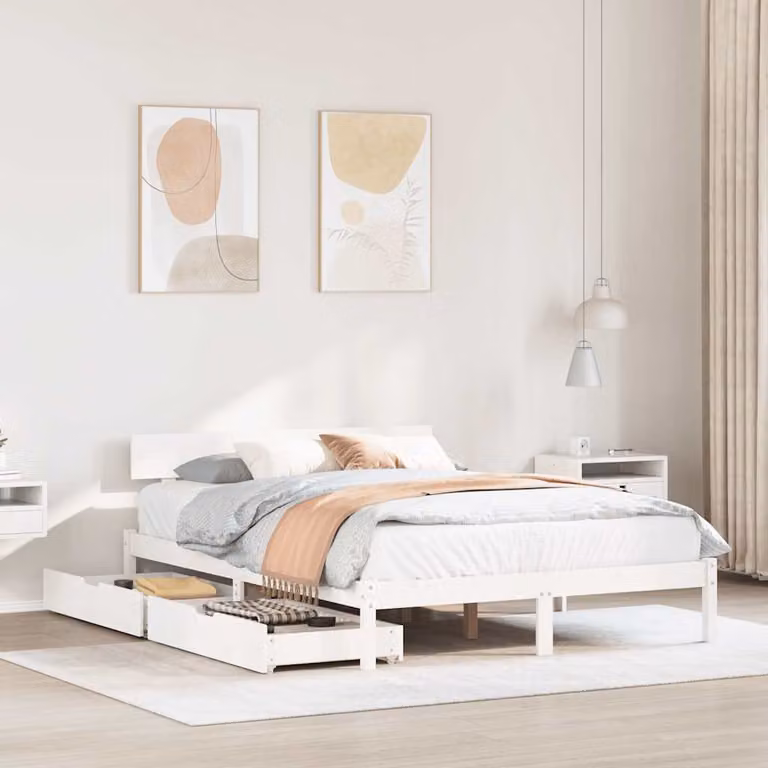 vidaXL Letto in Legno Massello di Pino Bianco con Cassetti L/P/H: 150 x 200 x 155,5 cm