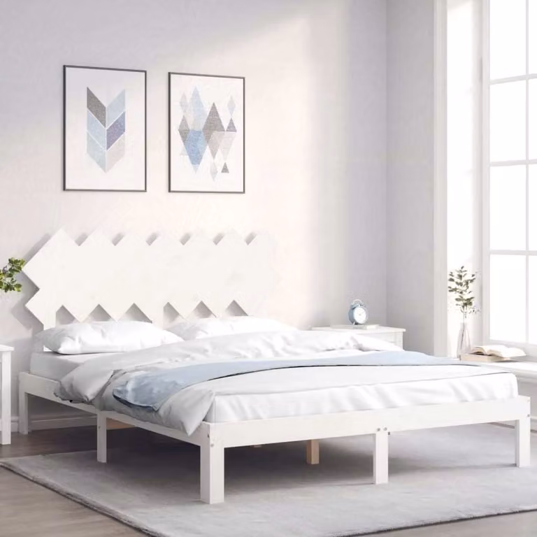 The Living Store Letto in legno massiccio con testiera bianca 140x200 cm