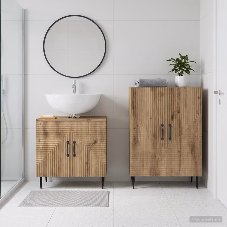 Set di mobili da bagno vidaXL HAARLEM composto da mobile lavabo e mobile contenitore in legno color rovere marrone con finitura opaca