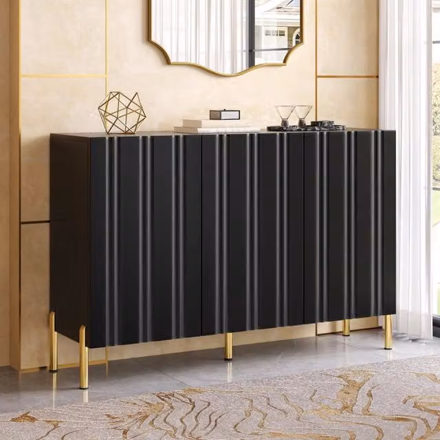 Sideboard moderno a 3 ante con ripiani regolabili in MDF e truciolare, colore nero e oro, L 120 cm x P 35,5 cm x H 80 cm