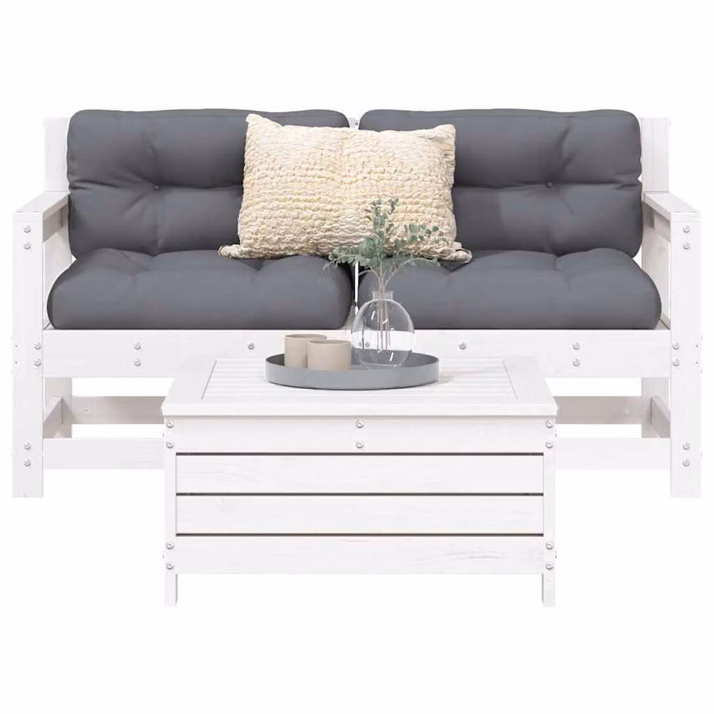 Set di divani da giardino vidaXL a forma di L in legno di pino bianco con cuscini inclusi