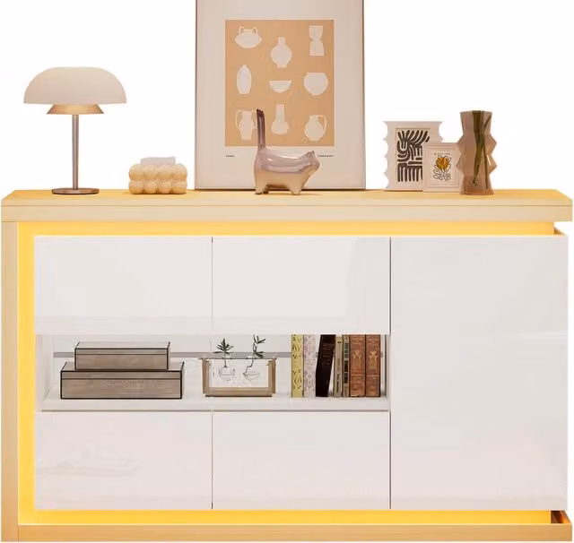 Credenza Bianca Moderna 140 cm con Luci LED; Sideboard Bianco Lucido con 3 Ante in Vetro Temperato; Mobile Soggiorno per Ingresso e Ufficio