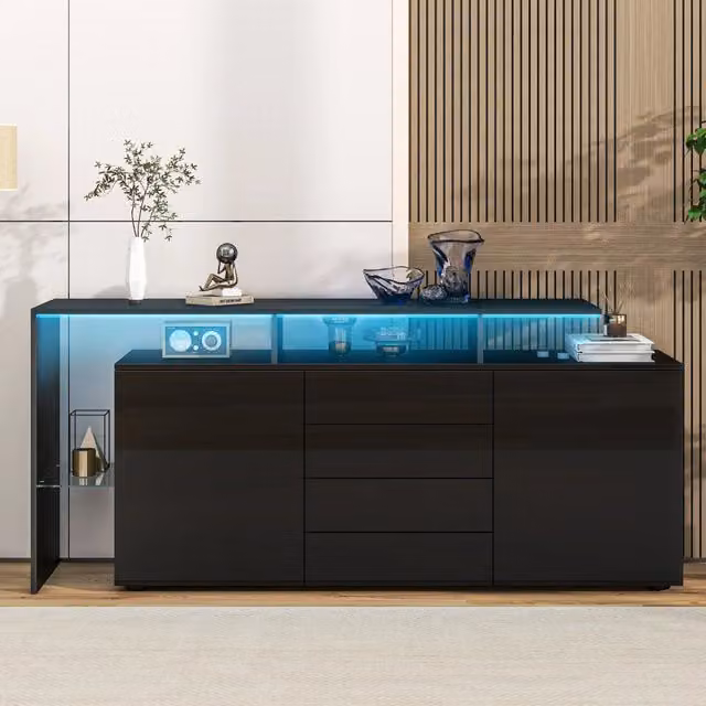 Sideboard moderno REDOM nero lucido con illuminazione LED integrata in MDF e vetro, L 160 x P 35 x H 70 cm
