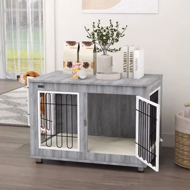 Scaffale per cani OKWISH in metallo con interno imbottito e rivestimento rimovibile, grigio, L 90 x P 58 x H 65 cm
