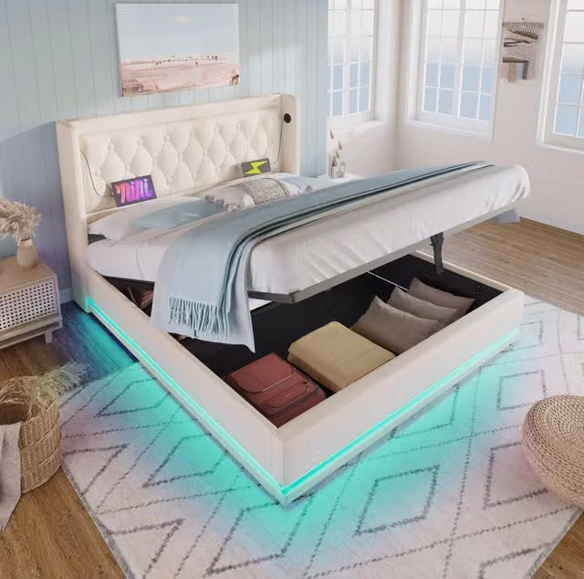 Letto matrimoniale 160x200 cm bianco in PU con LED e USB-C