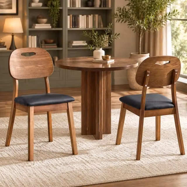 Set 2 sedie da pranzo ULEVR con schienale ovale in legno di gomma e seduta imbottita in PU nero