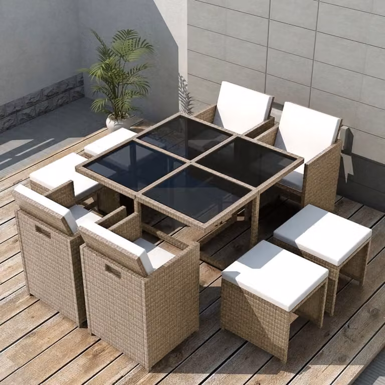 The Living Store Set da pranzo da giardino 9 pezzi con cuscini in poly rattan beige