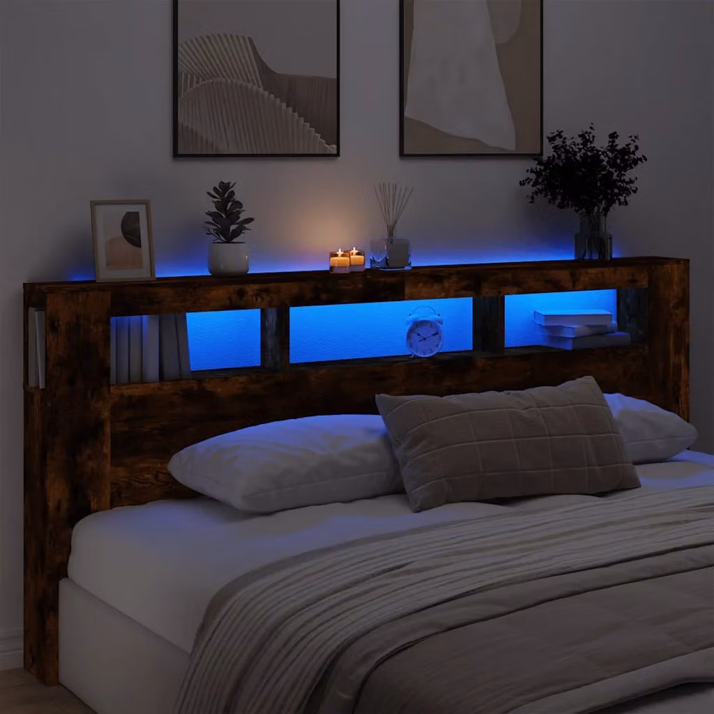 Testiera con LED vidaXL in Rovere Fumo, con mensola integrata e porta USB, L 220 cm x P 18,5 cm x H 103,5 cm