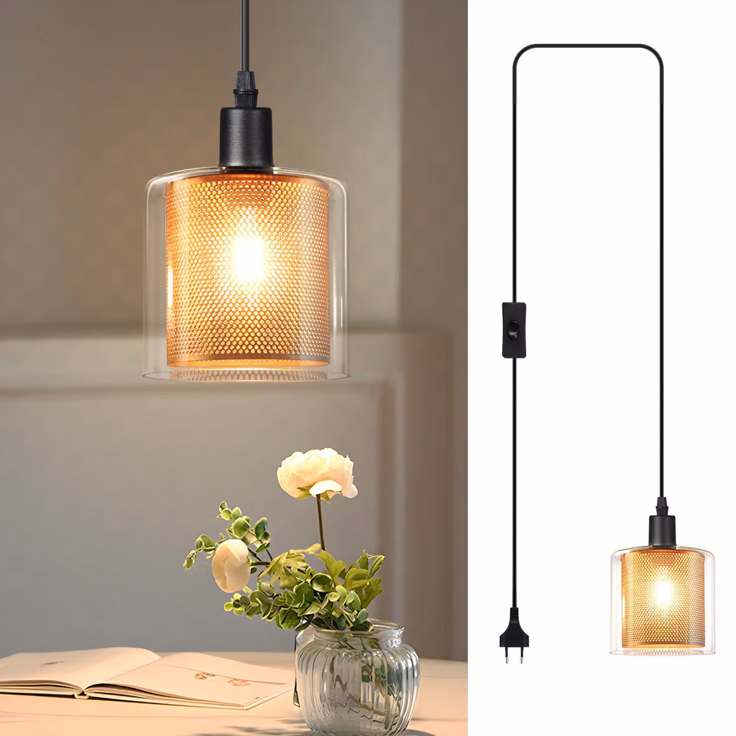 ZMH Lampada a sospensione vintage 1 fiamma vetro oro luce a sospensione con spina e interruttore lampada a sospensione E14 2M cavo metallo retro tavolo da pranzo lampada a sospensione per sala da pranzo soggiorno cucina
