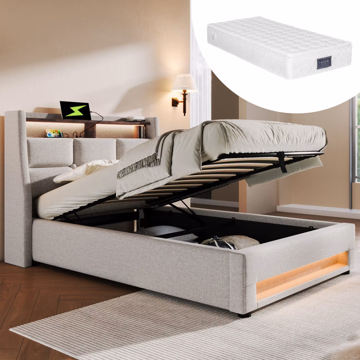 MODFU letto a cassettone imbottito 90x200 cm, letto singolo idraulico con illuminazione a LED e USB (con materasso), beige