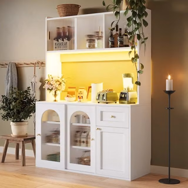 Credenza da cucina con ripiani regolabili e LED, ante scorrevoli in vetro e cassetti, bianca, 120 × 35 × 167 cm