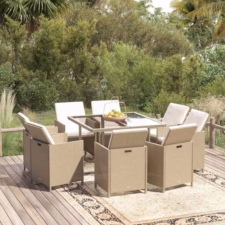 Set da pranzo da giardino vidaXL in polyrattan beige e bianco con 9 pezzi e cuscini