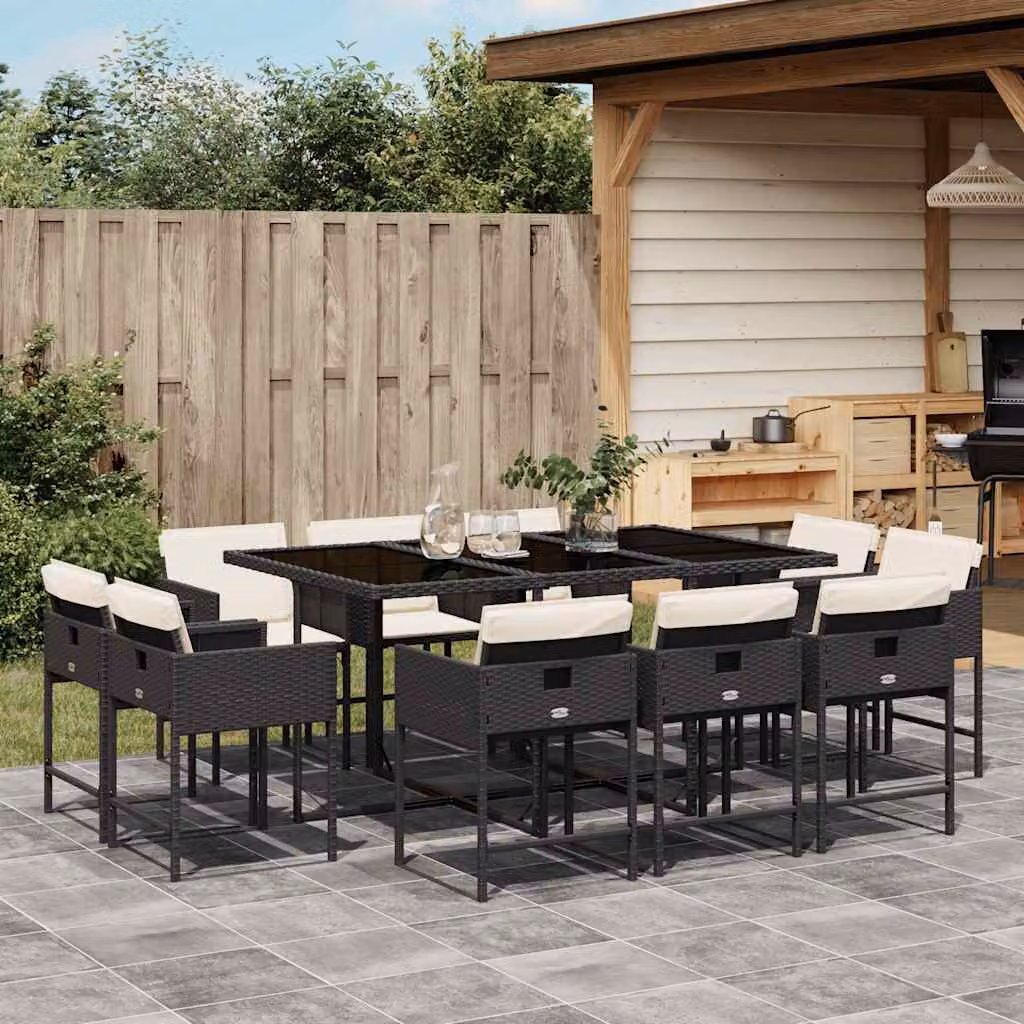 vidaXL Set da Pranzo da Giardino 11 pz in Polyrattan con Cuscini e Tavolo in Vetro Nero – 1