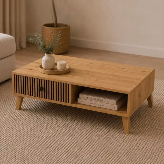 Tavolino da Salotto Liparime DMORA con 2 Cassetti, Colore Rovere e Nero, L: 102 cm, P: 67 cm, H: 32 cm