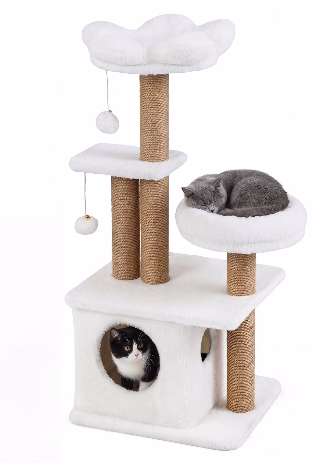 KOMFOTTEU, tiragraffi per gatti, 96 cm, con piattaforma a forma di fiore, cuccia, lettino, tiragraffi con 3 pali da graffio, 2 palline di peluche, torre per gatti multistrato, adatta a gatti di grandi e piccole dimensioni, colore grigio chiaro