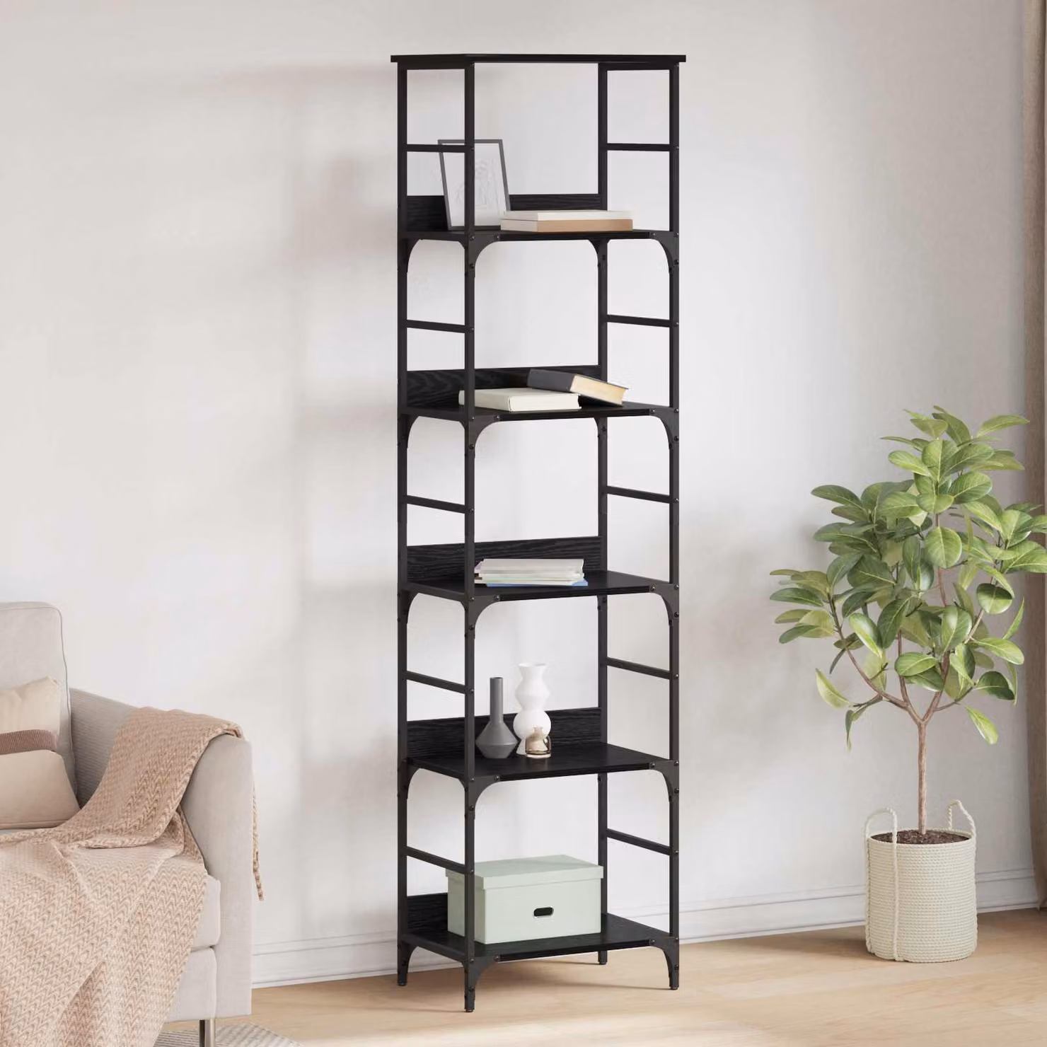 Libreria moderna vidaXL a 5 livelli in legno e metallo, colore nero, L 50 x P 33 x H 188,5 cm