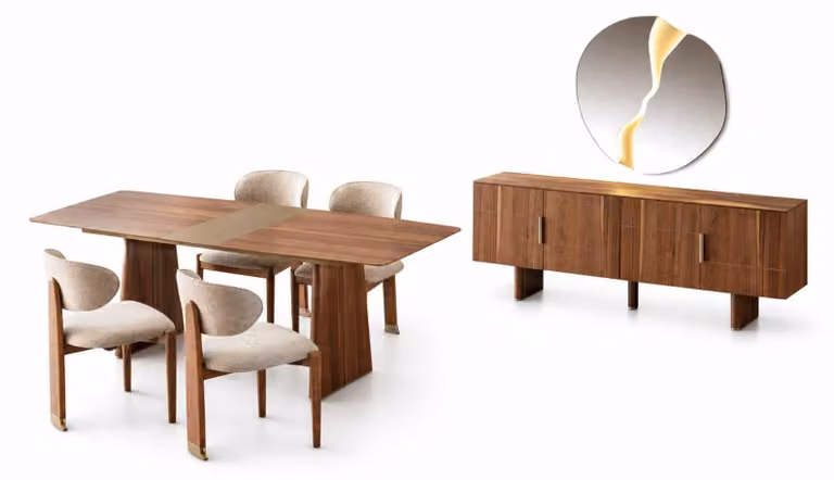 Set completo per sala da pranzo tavolo da pranzo, 4 sedie, mobiletto a buffet, tutto in legno