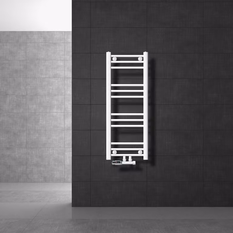 LuxeBath radiatore bagno attacco centrale 300 x 800 mm bianco diritto con termostato e set di collegamento radiatore angolare a parete riscaldamento, senza elemento riscaldante