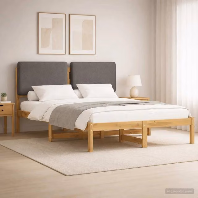 Letto moderno vidaXL con testiera rivestita in tessuto e struttura in legno di acacia, Bianco e Grigio, L/P/H: 140 x 190 x 85 cm