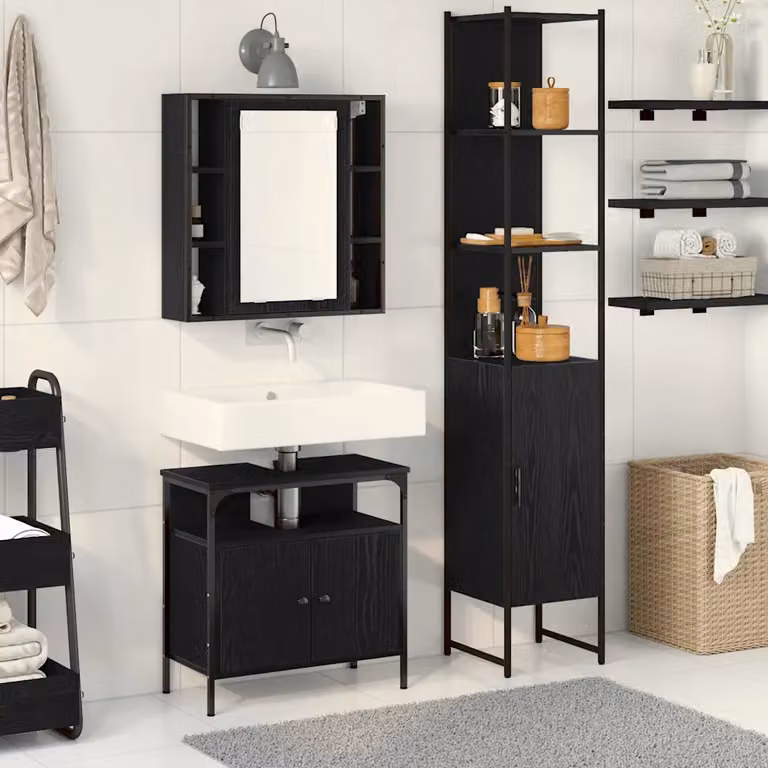 Set di mobili per il bagno moderno vidaXL in 3 pezzi nero lucido con armadietto a specchio, mobile lavabo e colonna alta L/P/H: 60,0 x 30,0 x 185,5 cm
